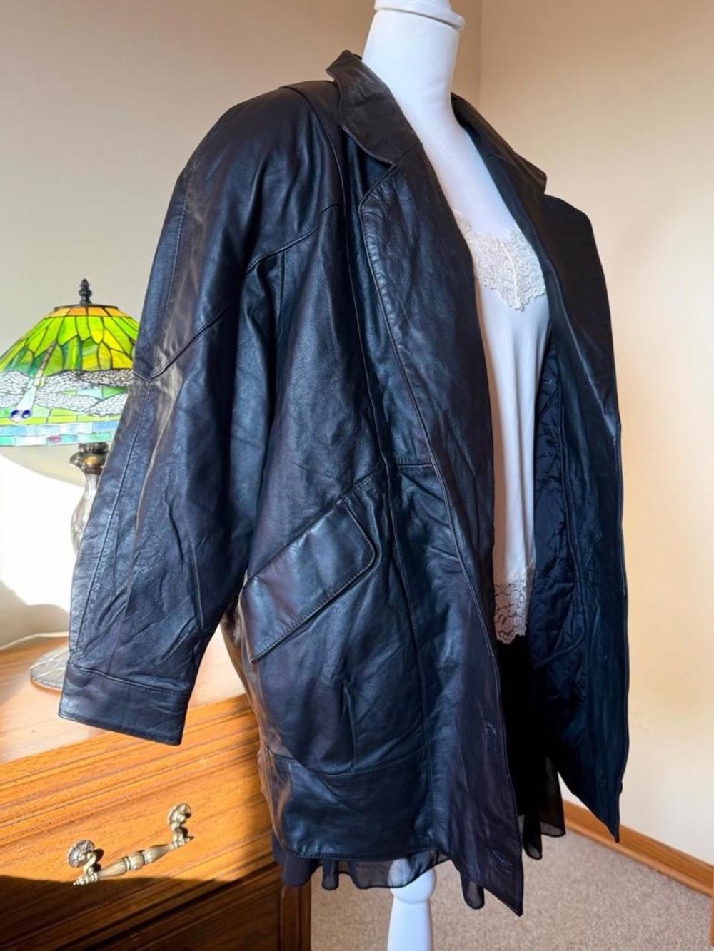 Wilson Black Leather Pea Coat - Classic Notch Collar